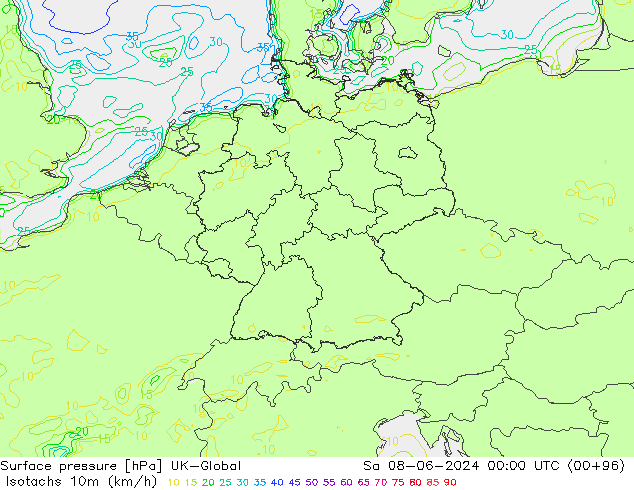 Isotachs (kph) UK-Global сб 08.06.2024 00 UTC