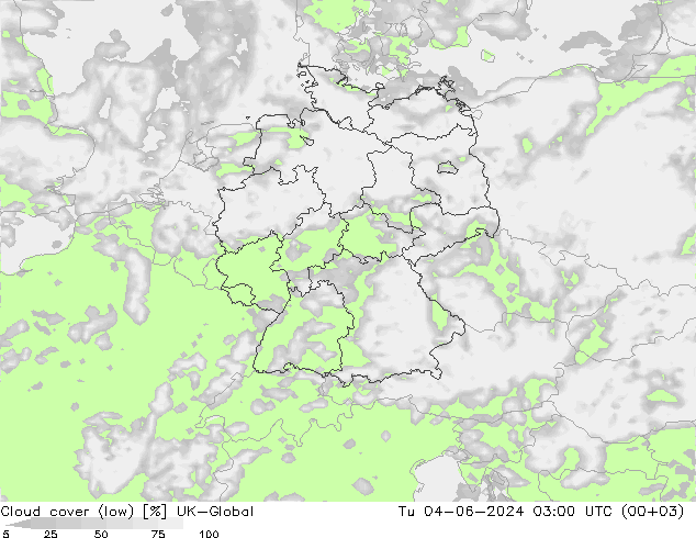 Cloud cover (low) UK-Global Tu 04.06.2024 03 UTC