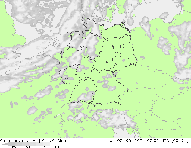 Cloud cover (low) UK-Global We 05.06.2024 00 UTC