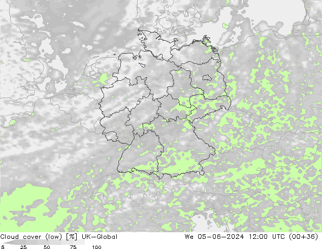 Cloud cover (low) UK-Global We 05.06.2024 12 UTC