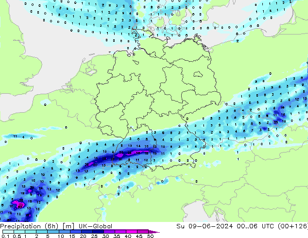 Precipitación (6h) UK-Global dom 09.06.2024 06 UTC