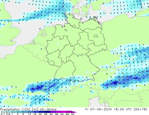 Totale neerslag (12h) UK-Global vr 07.06.2024 06 UTC