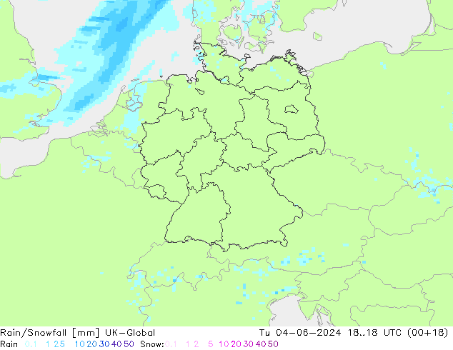 Rain/Snowfall UK-Global Út 04.06.2024 18 UTC