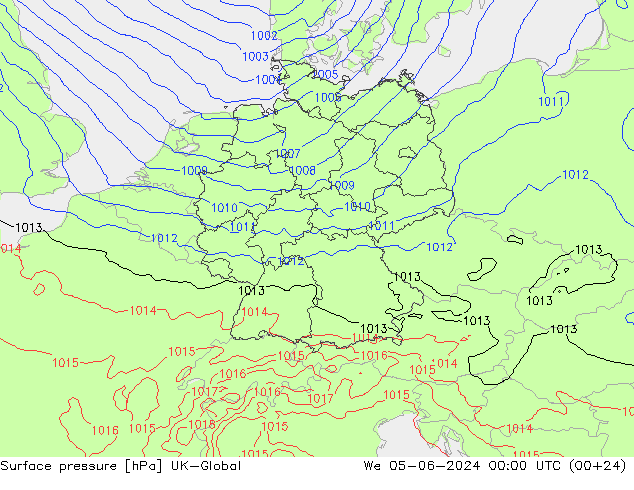 Pressione al suolo UK-Global mer 05.06.2024 00 UTC