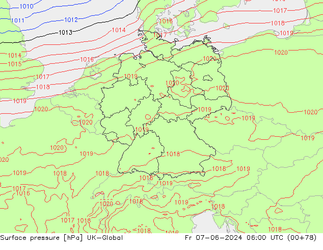 Pressione al suolo UK-Global ven 07.06.2024 06 UTC