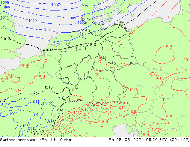 Pressione al suolo UK-Global sab 08.06.2024 06 UTC