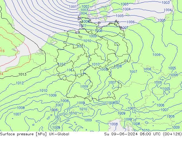 Surface pressure UK-Global Su 09.06.2024 06 UTC