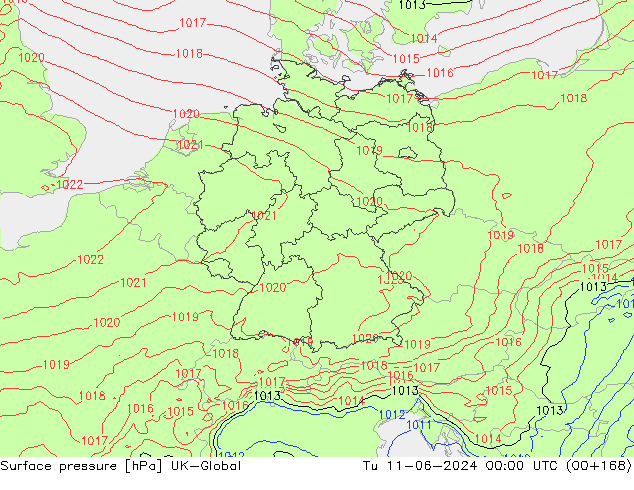 Surface pressure UK-Global Tu 11.06.2024 00 UTC