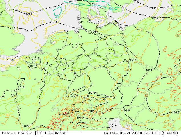 Theta-e 850hPa UK-Global Ter 04.06.2024 00 UTC