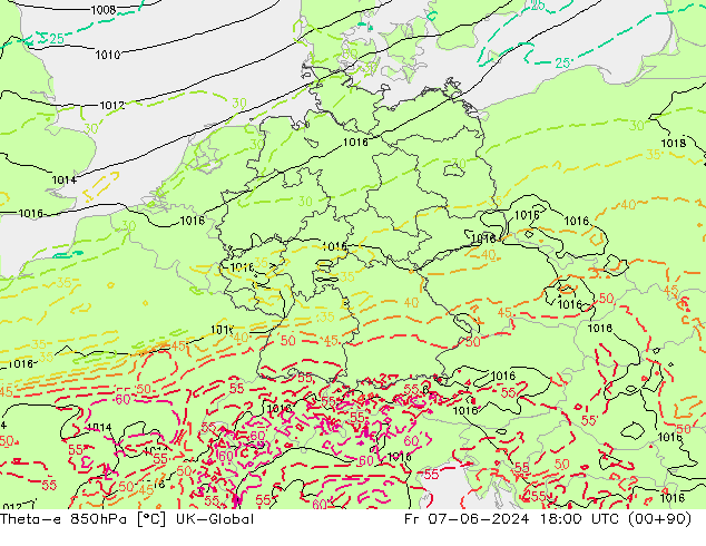 Theta-e 850hPa UK-Global vie 07.06.2024 18 UTC