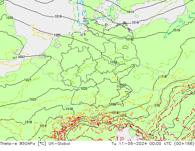 Theta-e 850hPa UK-Global Út 11.06.2024 00 UTC