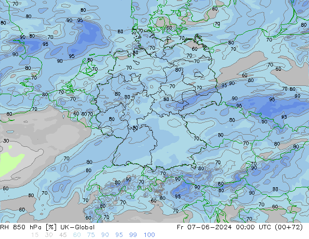 RH 850 hPa UK-Global Fr 07.06.2024 00 UTC