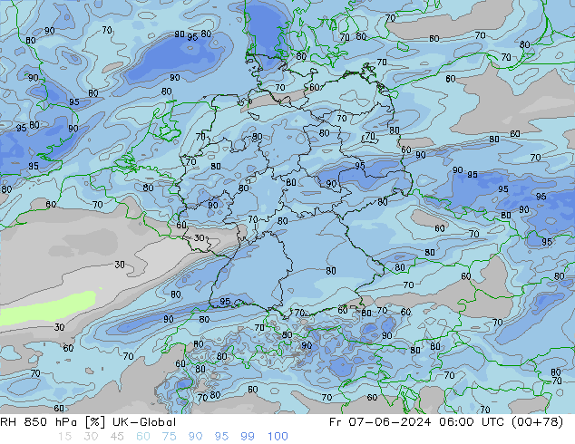 RH 850 гПа UK-Global пт 07.06.2024 06 UTC