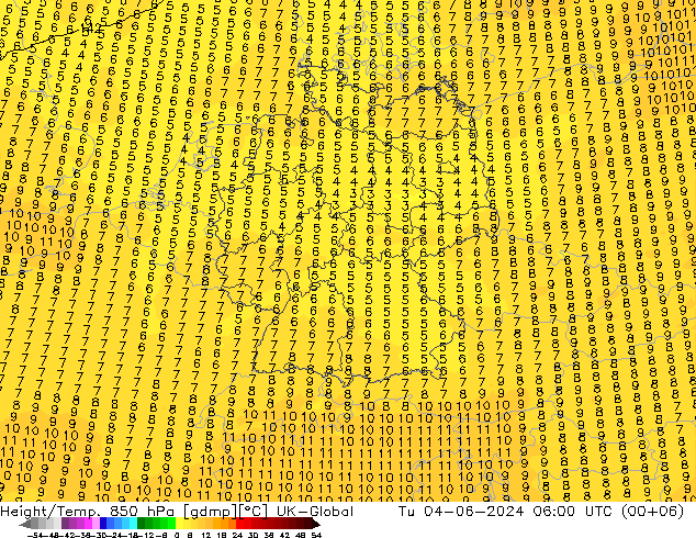 Height/Temp. 850 hPa UK-Global Ter 04.06.2024 06 UTC