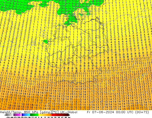 Hoogte/Temp. 850 hPa UK-Global vr 07.06.2024 00 UTC