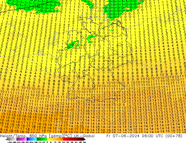 Height/Temp. 850 hPa UK-Global Fr 07.06.2024 06 UTC