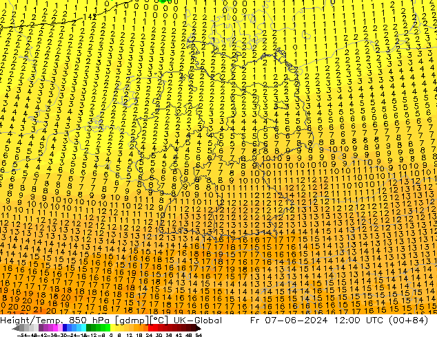 Height/Temp. 850 hPa UK-Global Fr 07.06.2024 12 UTC