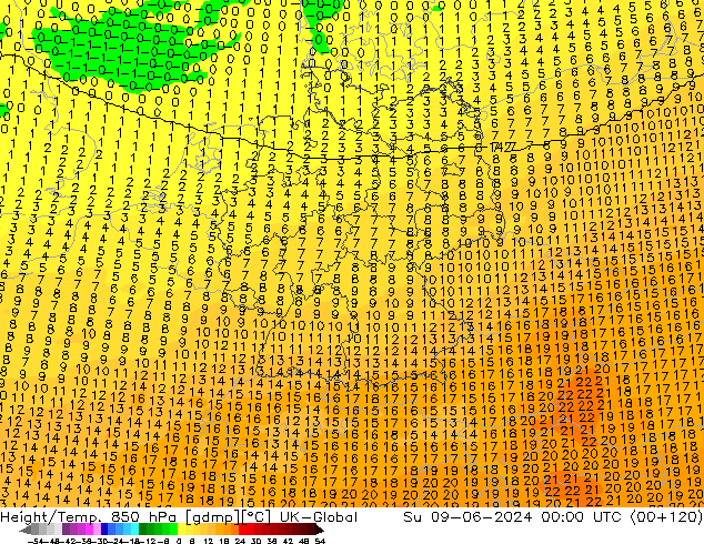 Height/Temp. 850 hPa UK-Global So 09.06.2024 00 UTC