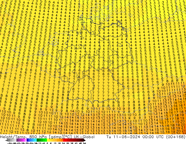 Height/Temp. 850 hPa UK-Global Ter 11.06.2024 00 UTC