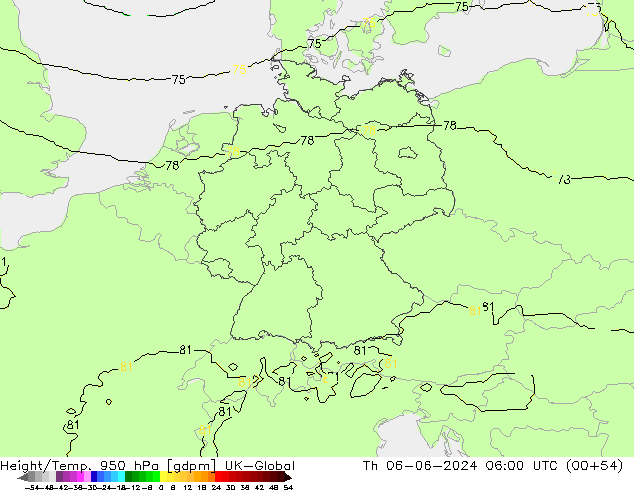 Géop./Temp. 950 hPa UK-Global jeu 06.06.2024 06 UTC