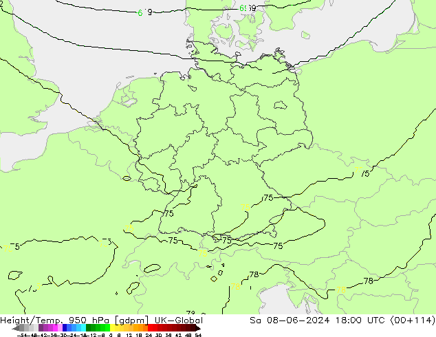 Height/Temp. 950 hPa UK-Global sab 08.06.2024 18 UTC