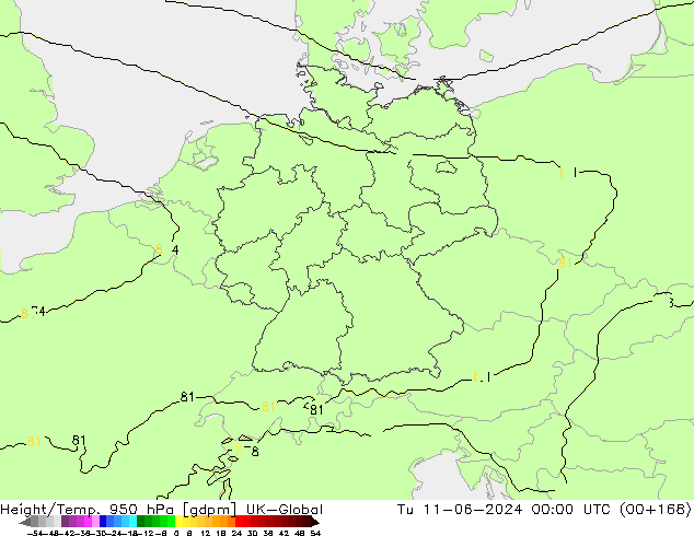 Height/Temp. 950 hPa UK-Global wto. 11.06.2024 00 UTC