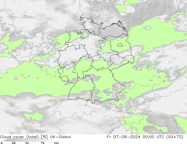 Cloud cover (total) UK-Global Fr 07.06.2024 00 UTC
