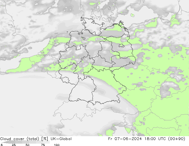 Cloud cover (total) UK-Global Fr 07.06.2024 18 UTC