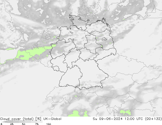 Bewolking (Totaal) UK-Global zo 09.06.2024 12 UTC