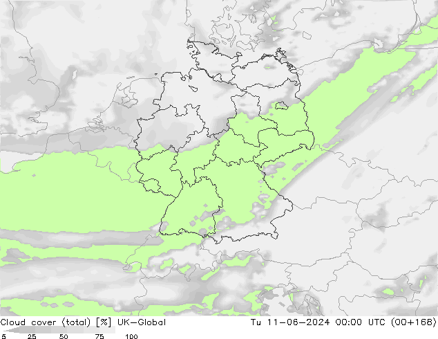 Bewolking (Totaal) UK-Global di 11.06.2024 00 UTC