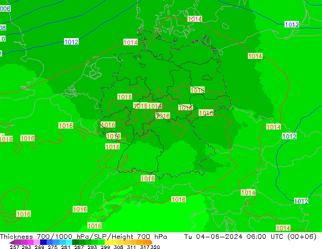 Thck 700-1000 hPa UK-Global Út 04.06.2024 06 UTC