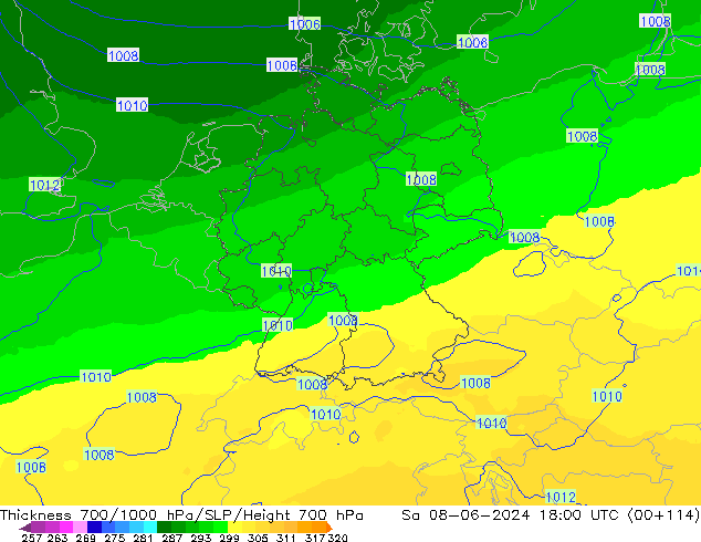 Thck 700-1000 hPa UK-Global So 08.06.2024 18 UTC