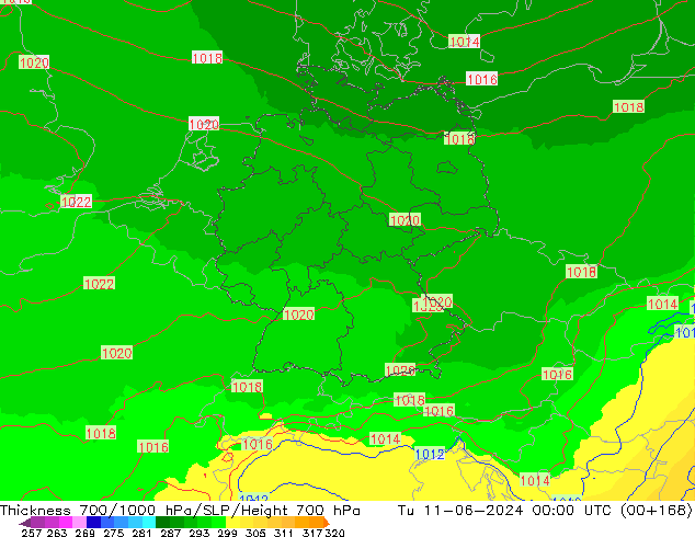 Thck 700-1000 hPa UK-Global Ter 11.06.2024 00 UTC