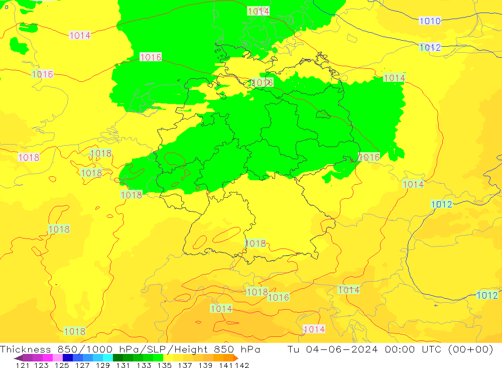 Dikte 850-1000 hPa UK-Global di 04.06.2024 00 UTC