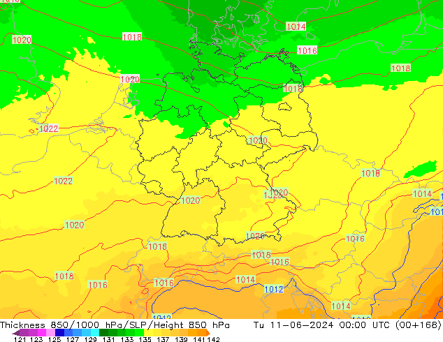 Espesor 850-1000 hPa UK-Global mar 11.06.2024 00 UTC