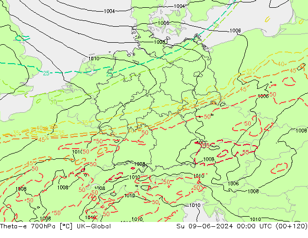 Theta-e 700hPa UK-Global zo 09.06.2024 00 UTC