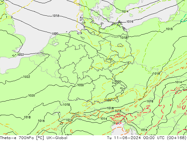 Theta-e 700hPa UK-Global Ter 11.06.2024 00 UTC