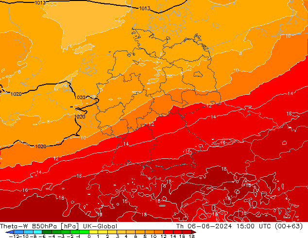 Theta-W 850гПа UK-Global чт 06.06.2024 15 UTC