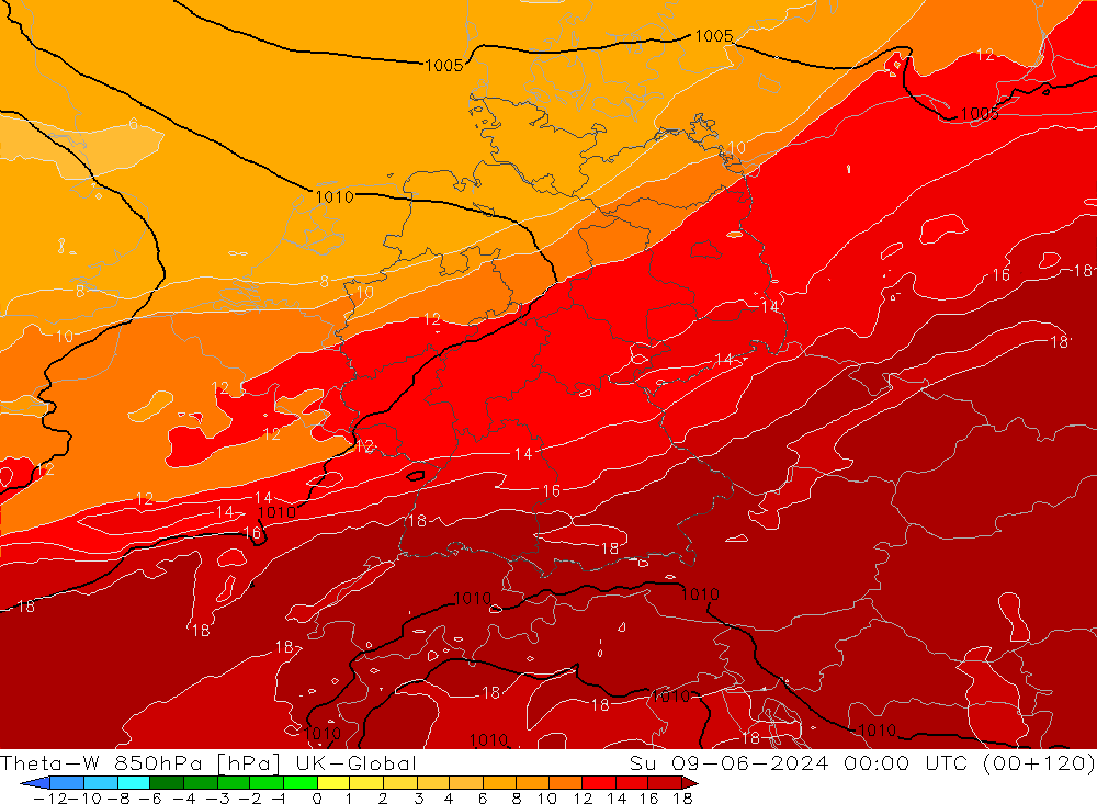 Theta-W 850hPa UK-Global Paz 09.06.2024 00 UTC