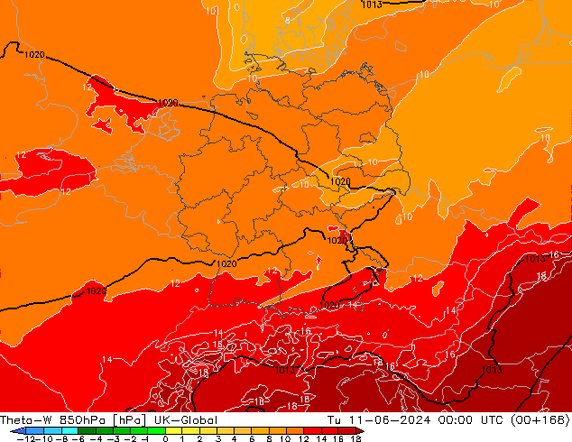 Theta-W 850hPa UK-Global Di 11.06.2024 00 UTC