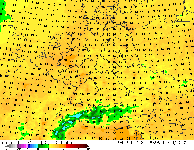 Temperature (2m) UK-Global Tu 04.06.2024 20 UTC