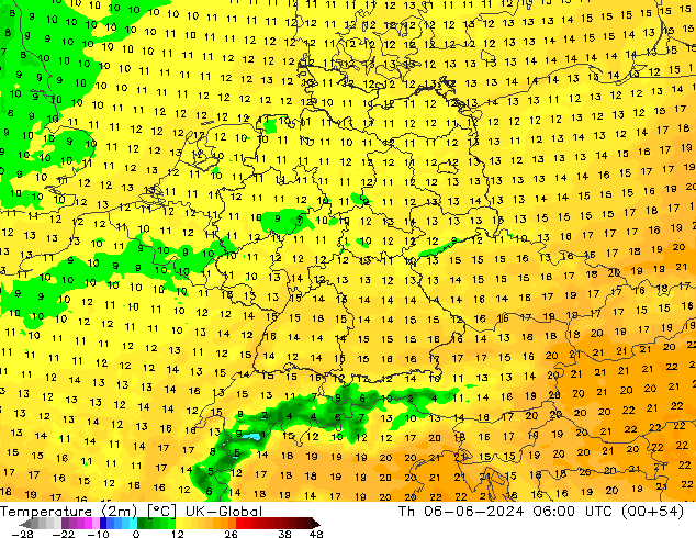 Temperatuurkaart (2m) UK-Global do 06.06.2024 06 UTC