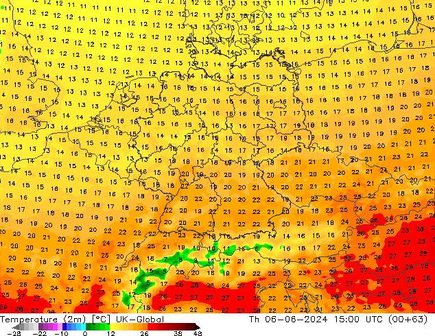 Temperature (2m) UK-Global Th 06.06.2024 15 UTC