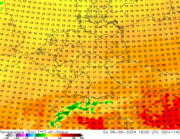 Temperature (2m) UK-Global Sa 08.06.2024 18 UTC