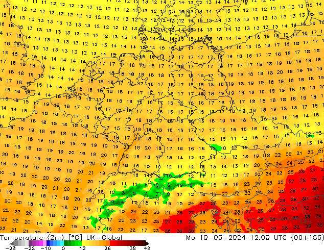 Temperature (2m) UK-Global Mo 10.06.2024 12 UTC