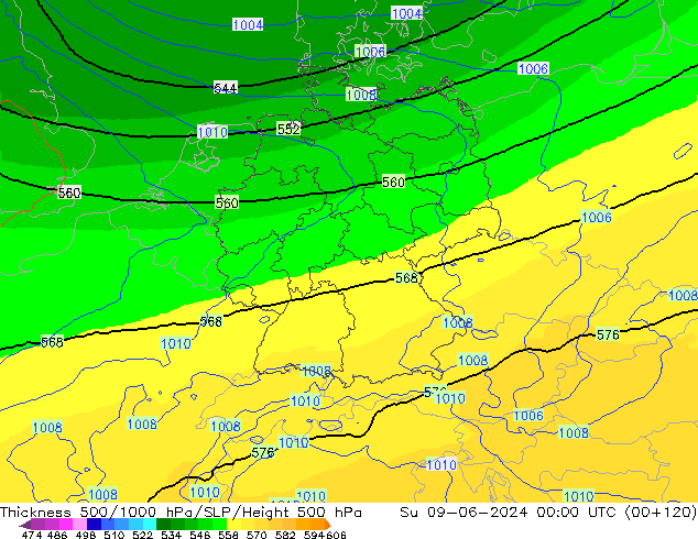 Dikte 500-1000hPa UK-Global zo 09.06.2024 00 UTC