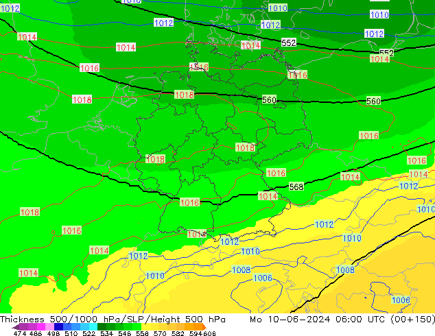 Espesor 500-1000 hPa UK-Global lun 10.06.2024 06 UTC