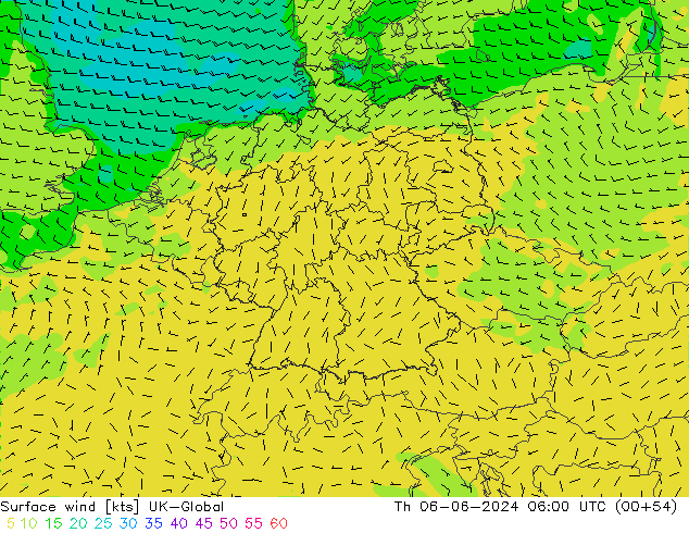 Viento 10 m UK-Global jue 06.06.2024 06 UTC