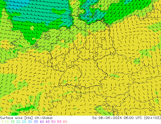 Surface wind UK-Global So 08.06.2024 06 UTC