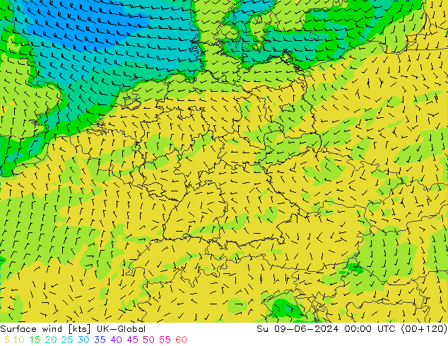 Surface wind UK-Global Su 09.06.2024 00 UTC